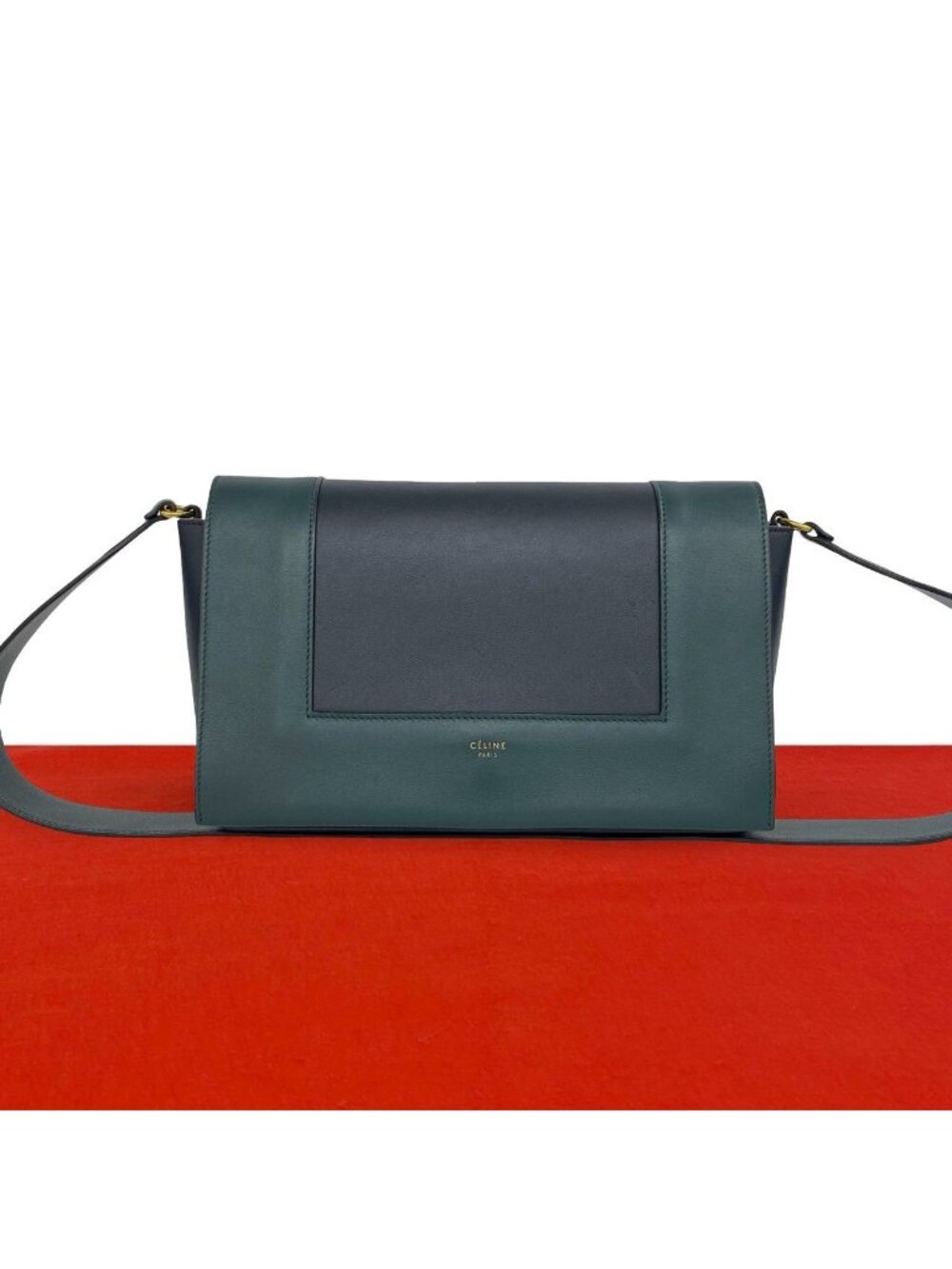 Celine Frame Medium Shoulder Bag Leather Pochette Crossbody Navy Green
